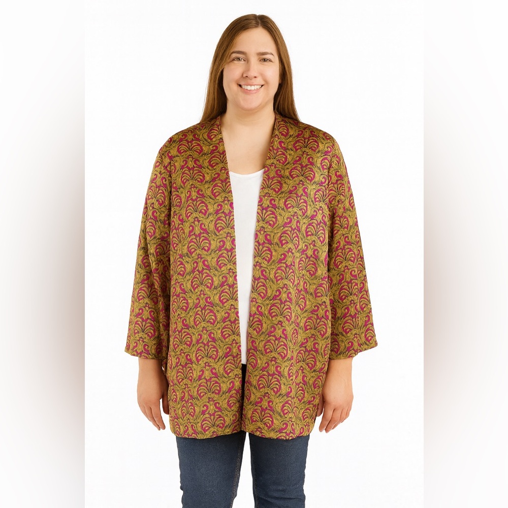 Chicos Reversible Topper Jacket Blue Gold Pink Scroll Design Sz 2 (12-14…